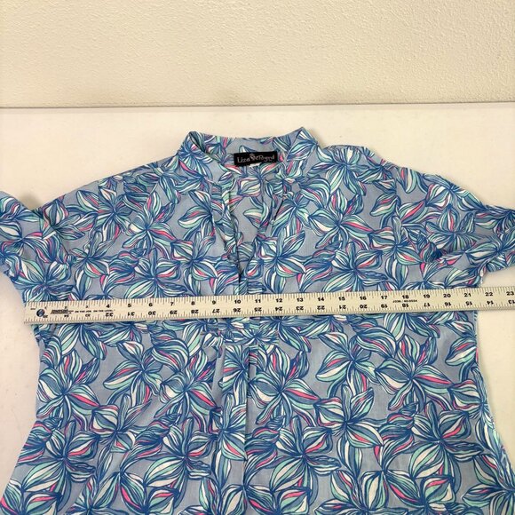 Liza Byrd Popover Top Size S Blue Pink Floral 3/4 Roll Tab Sleeve V Neck Beach - Picture 6 of 10